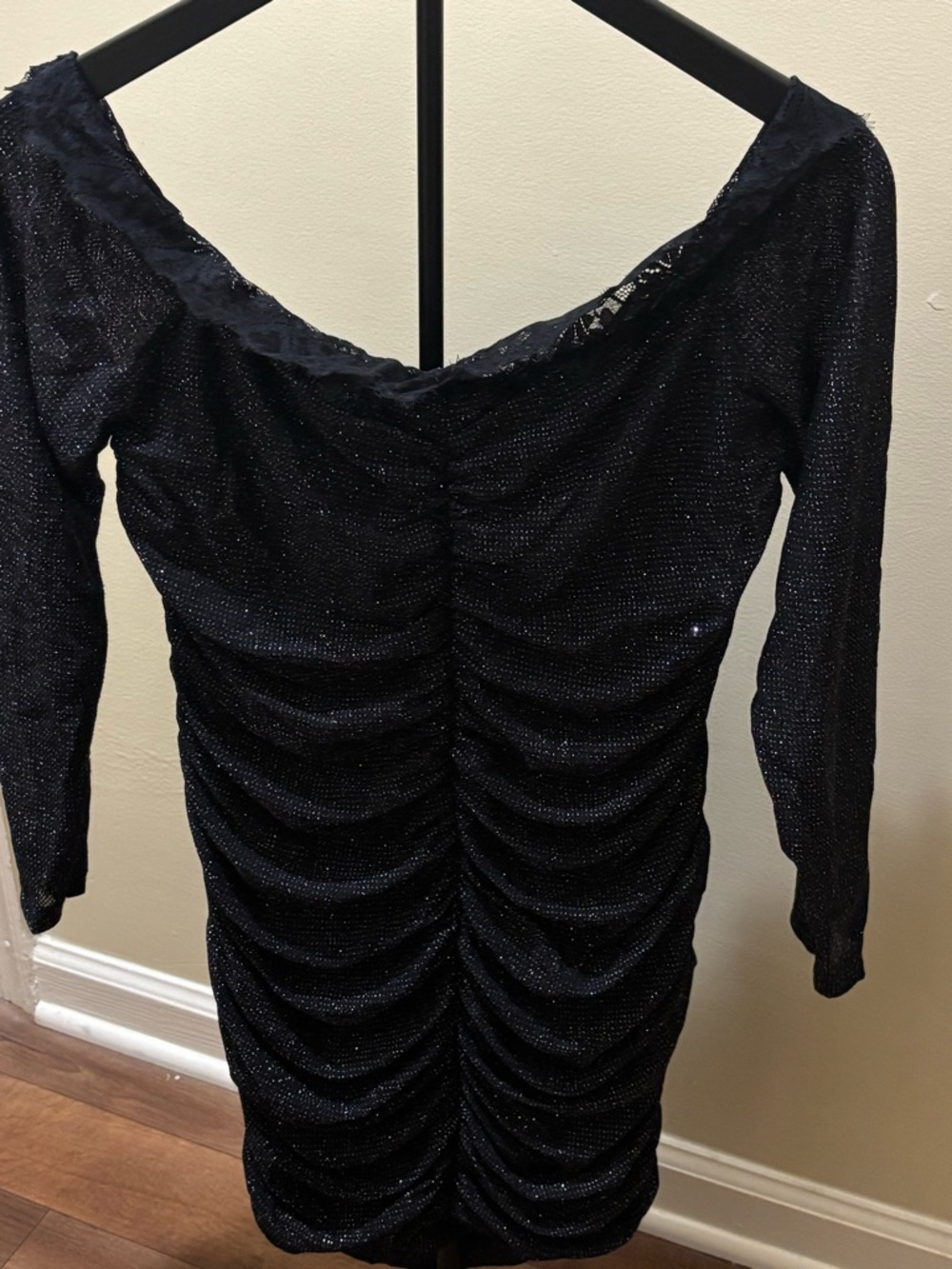 Y2K Elegant sparkly shimmer, long mesh sleeves Off Shoulder Dress 2x Sexy Black
